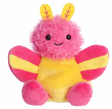 Bright pink and yellow plush rosy maple moth with soft furry body and smiling face, perfect for all ages.