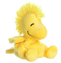 Soft and cheerful yellow plush toy of Woodstock from Peanuts with a tufted head and a smiling face sitting down