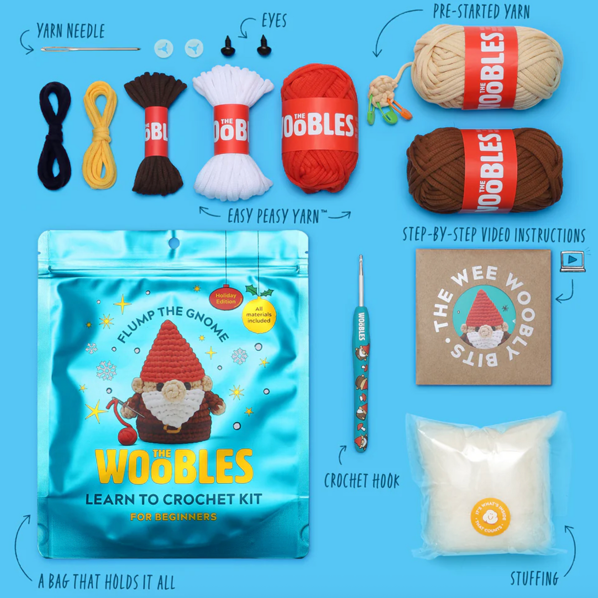 Crochet kit for Flump the Gnome featuring yarn, crochet hook, stuffing, plastic eyes, and step-by-step video instructions.