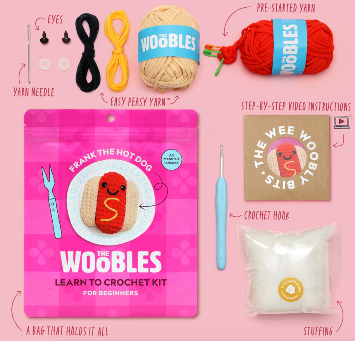 Flat lay of The Woobles crochet kit with yarn, crochet hook, stuffing, eyes, needle, and pattern for Frank the Hot Dog.