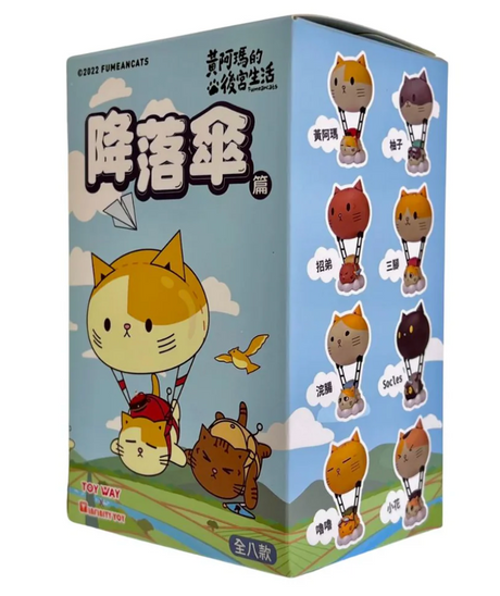 Colorful box featuring cute cat balloon characters floating in the sky, part of a collectible blind box series.