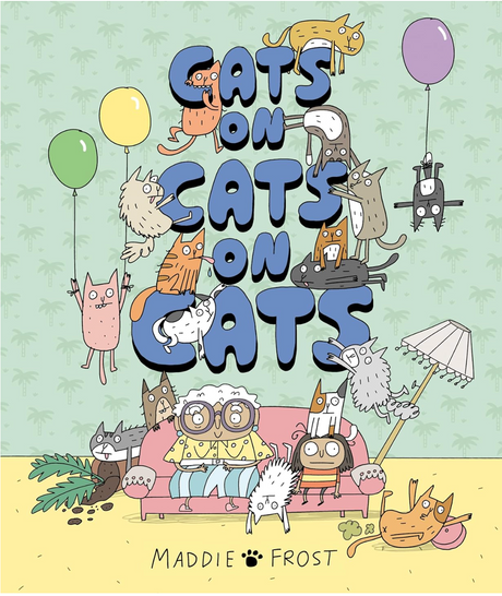 Illustration of playful cats climbing and sitting on large letters with an elderly woman on a pink couch holding a balloon.