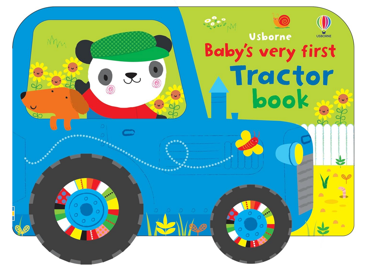 Colorful tractor-shaped board book featuring a panda driving with a friendly dog on a bright farm scene.
