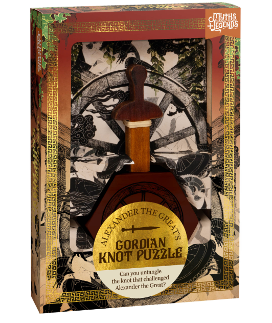 Wooden Gordian Knot Puzzle in decorative box inspired by the ancient Greek myth of Alexander the Great’s challenge