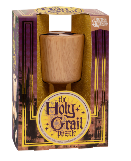 Wooden Holy Grail brainteaser puzzle in decorative box with medieval theme packaging and Celtic design accents
