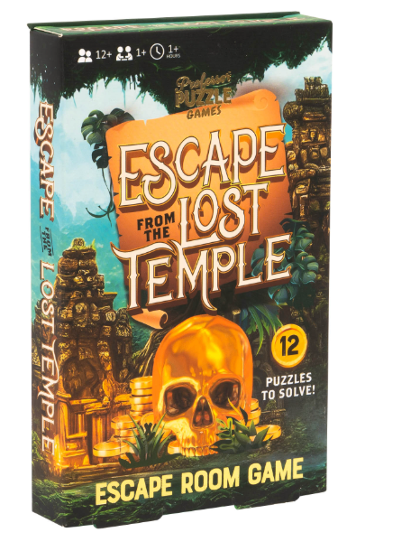 Escape room game box with adventurous lost temple theme featuring 12 puzzles and a golden skull illustration.