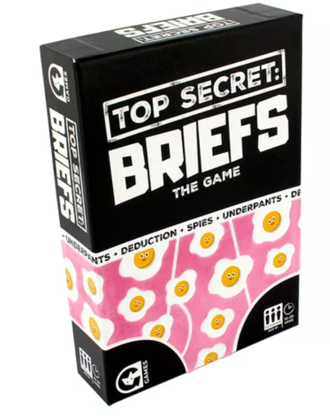 Top Secret: Briefs deduction game box with playful fried egg pattern on pink underpants design for family fun.
