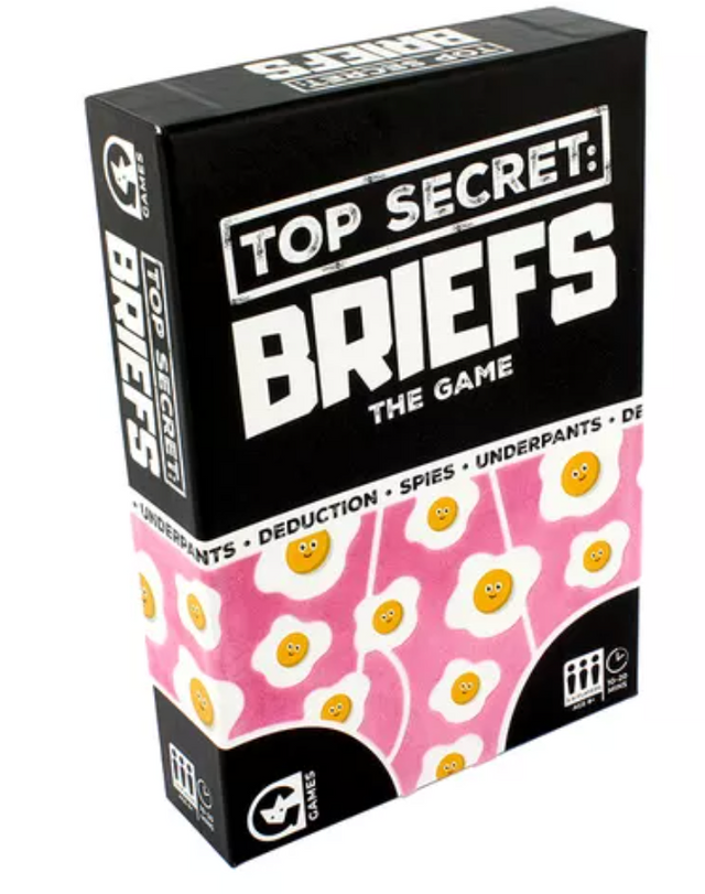 Top Secret: Briefs deduction game box with playful fried egg pattern on pink underpants design for family fun.