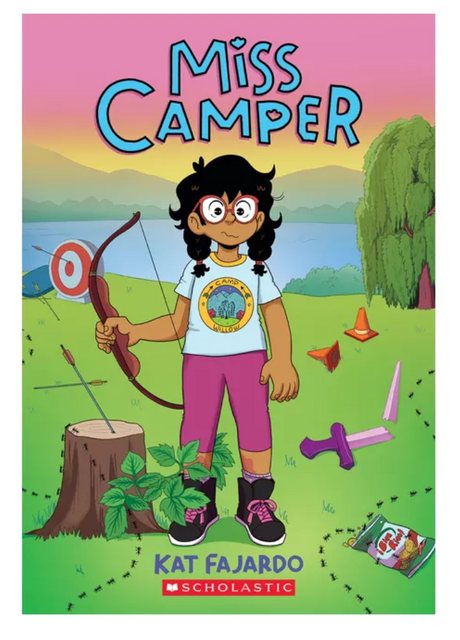 Girl camper with bow and arrow standing outdoors near archery target and camp gear under a colorful sky