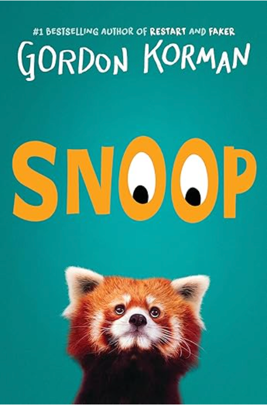 Book cover for Snoop by Gordon Korman featuring a curious red panda with eyes replacing the double o’s in the title.