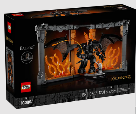LEGO Icons Lord of the Rings Balrog Book Nook with Gandalf and fiery Balrog on Bridge of Khazad-dûm display.