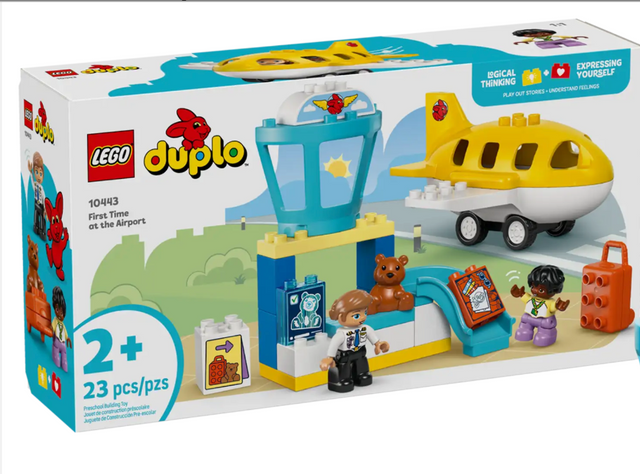 LEGO Duplo First Time at the Airport playset with airplane, figures, security desk, and suitcase for toddlers 2+ years.