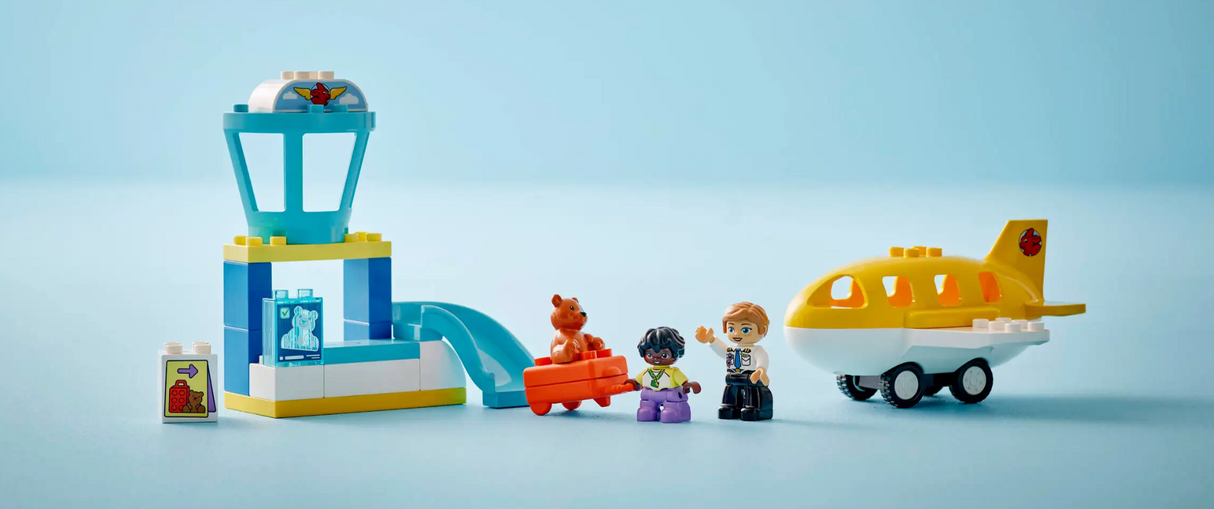 Toddler airport playset with control tower, suitcase scanner, airplane, and three playful figures for imaginative fun