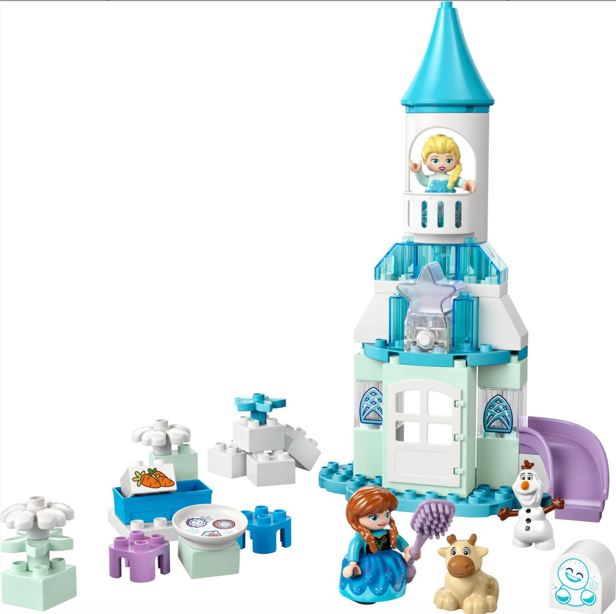 LEGO DUPLO Frozen castle with Anna, Elsa, Olaf, Sven, and colorful building blocks for imaginative play.