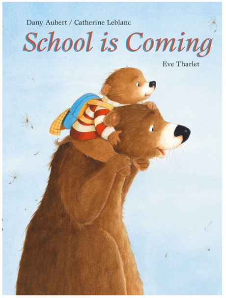 Illustration of a young bear with a backpack riding on an adult bear’s shoulders against a blue sky background