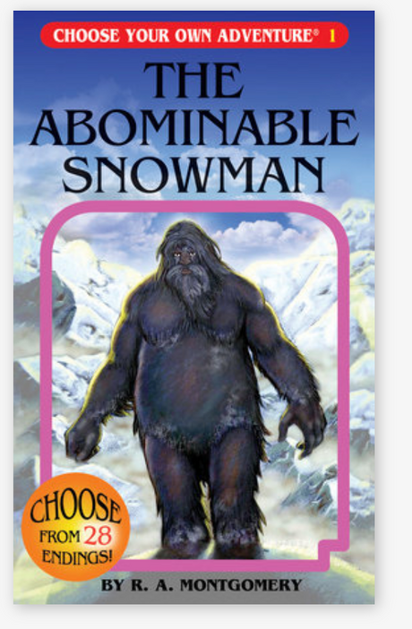Cover of Choose Your Own Adventure book featuring a large Abominable Snowman in snowy mountains.