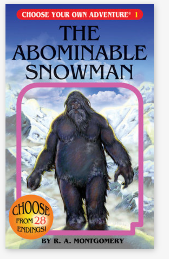 Cover of Choose Your Own Adventure book featuring a large Abominable Snowman in snowy mountains.