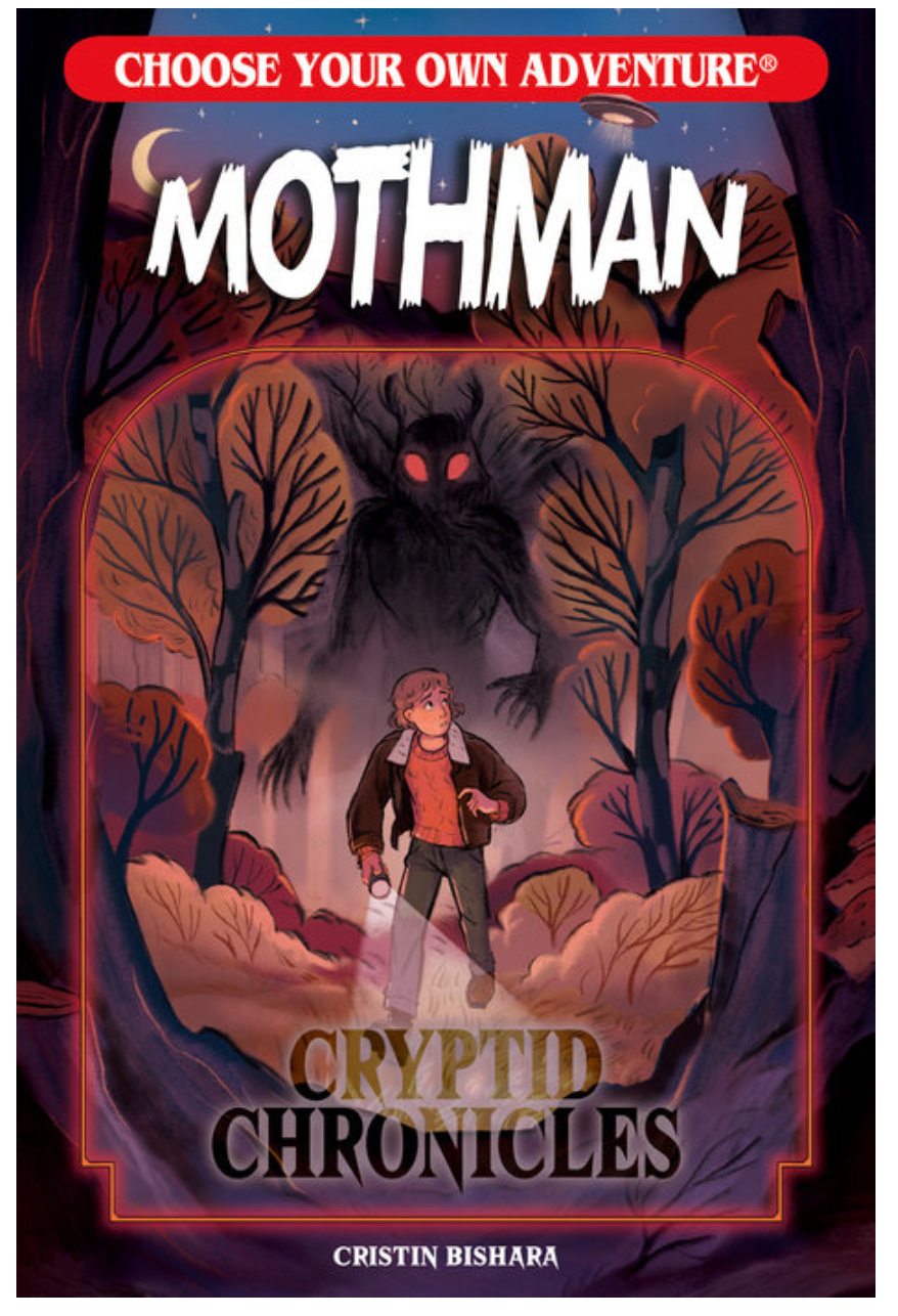 Book cover of Choose Your Own Adventure Mothman featuring a child facing a glowing-eyed shadow figure in a dark forest.
