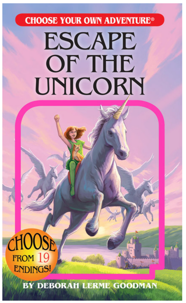 Girl riding a winged unicorn with a cat, flying over a castle at sunset on book cover Escape of the Unicorn