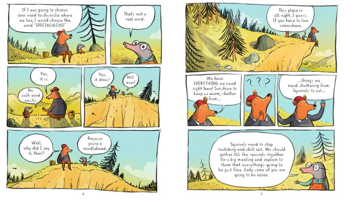 Two furry friends walk and talk through a colorful forest in a playful illustrated storybook scene.