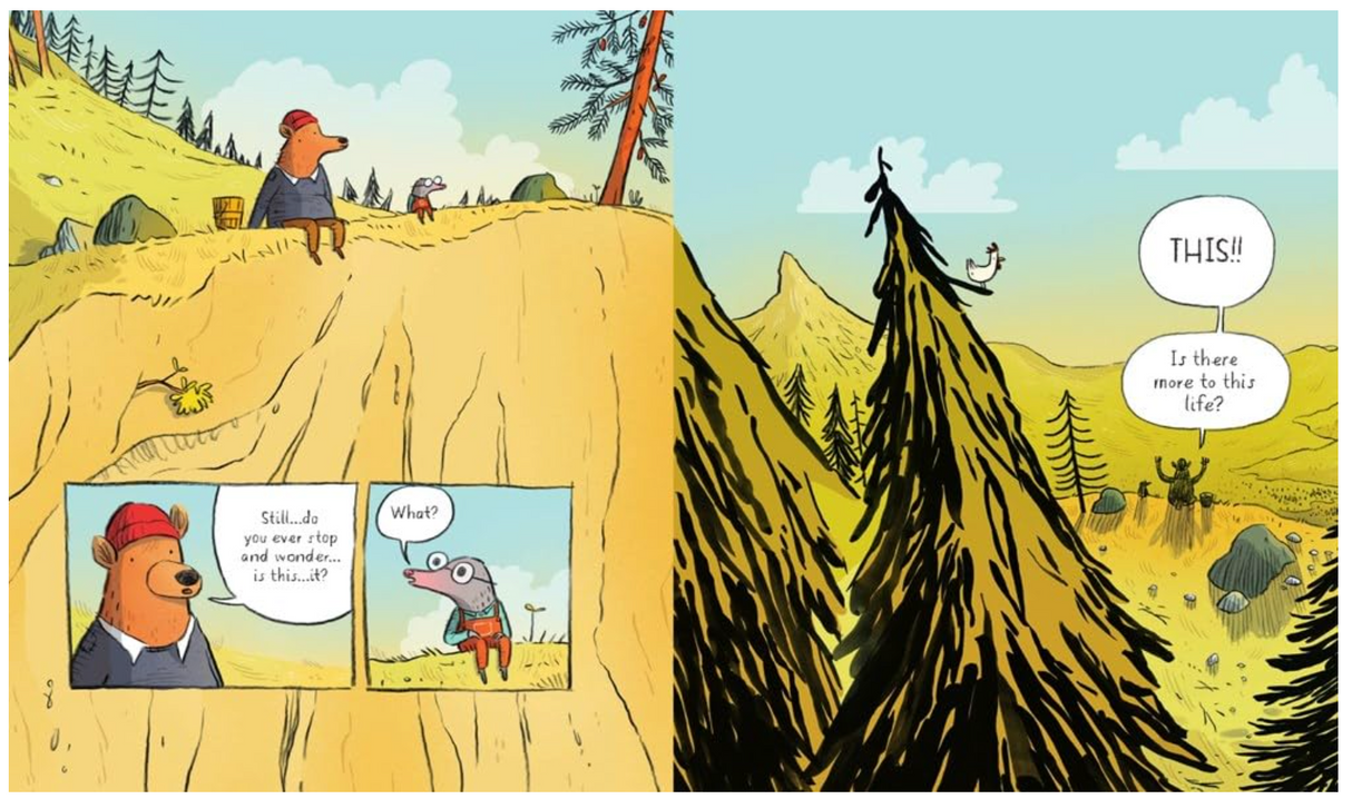 Illustration of two furry friends exploring nature with dialogue about wondering if there is more to life beyond the hills.