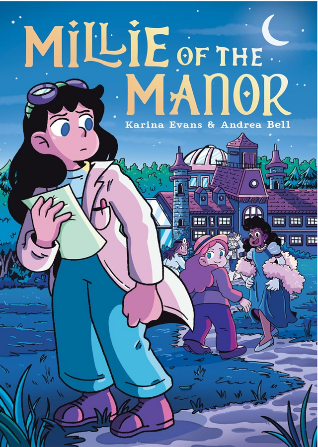 Illustration of Millie holding papers outside a manor at night with two friends near the building under a crescent moon.