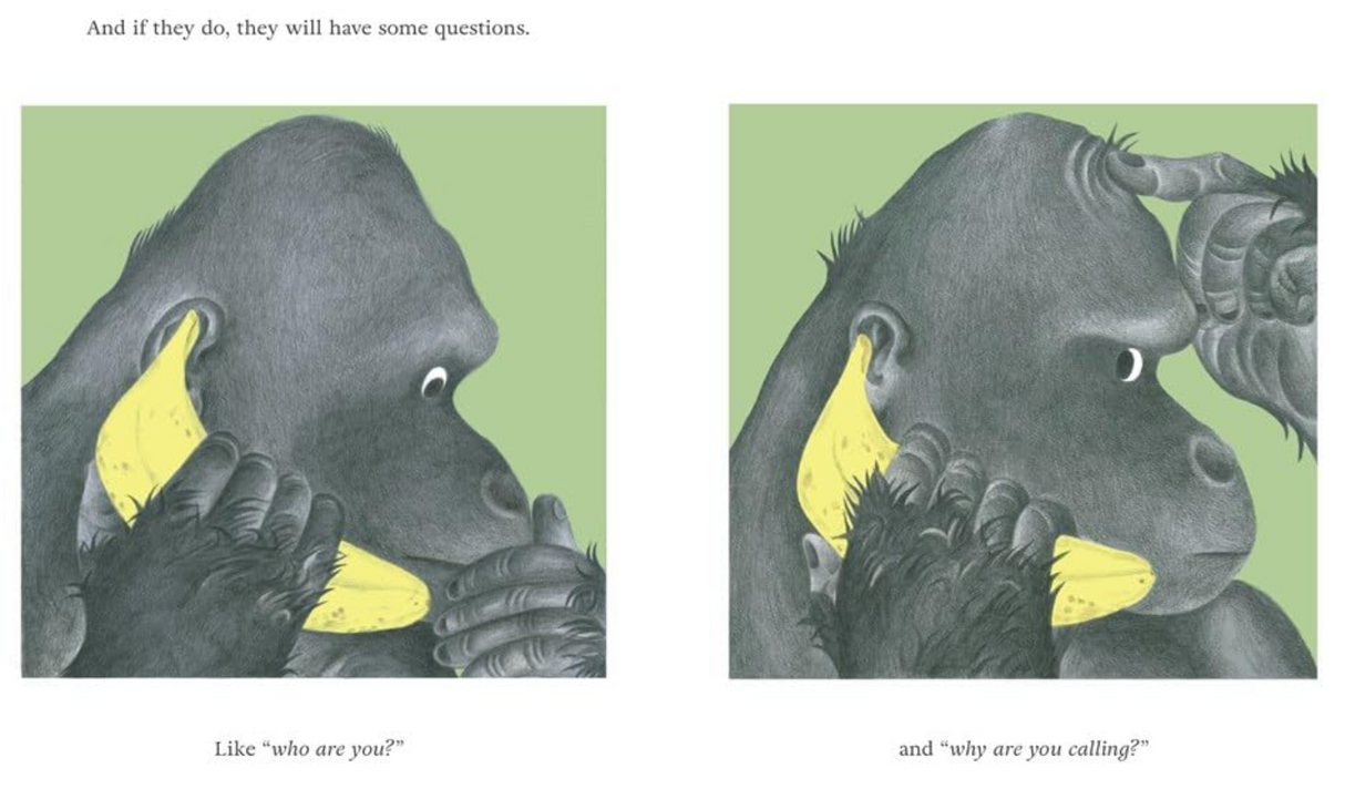 Illustration of a gorilla holding a banana like a phone, with curious expressions on a green background.