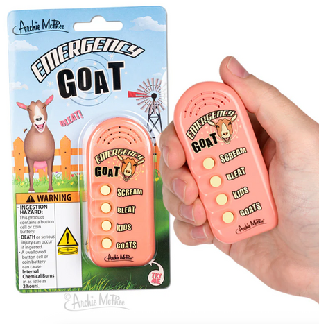 Handheld pink Emergency Goat noisemaker with buttons for scream, bleat, kids, and goats sounds in packaging and held in hand.