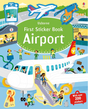 Colorful children’s sticker book cover showing airport scenes with planes, helicopters, passengers, and crew activities