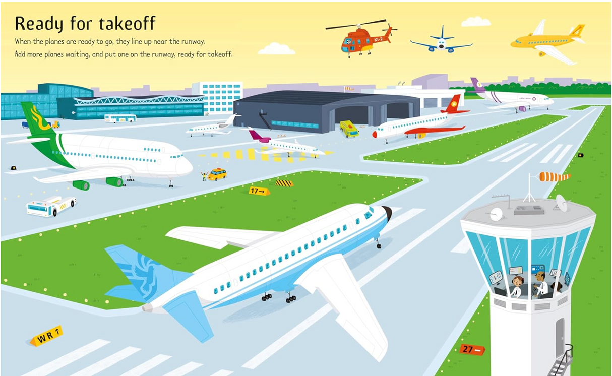 Colorful airport scene with planes, helicopters, control tower, vehicles, and passengers preparing for takeoff in a children’s sticker book.
