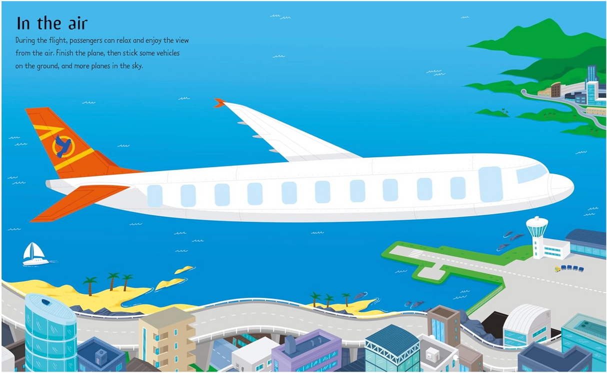 Illustration of a plane flying over a coastal airport scene with buildings, water, and greenery below