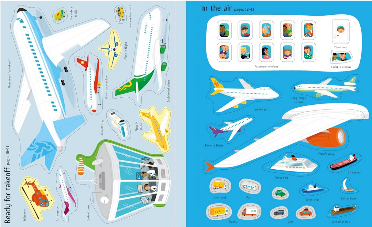 Two-page colorful children’s sticker book showing planes, airport vehicles, passengers, and crew for imaginative play.