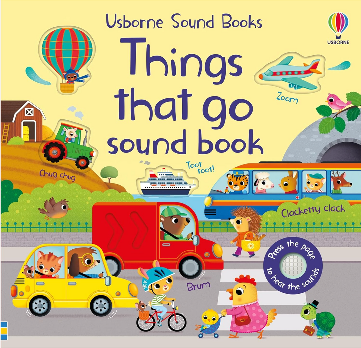 Colorful sound book cover with animals driving vehicles including a truck, bus, bicycle, airplane, and boat for toddlers to explore.