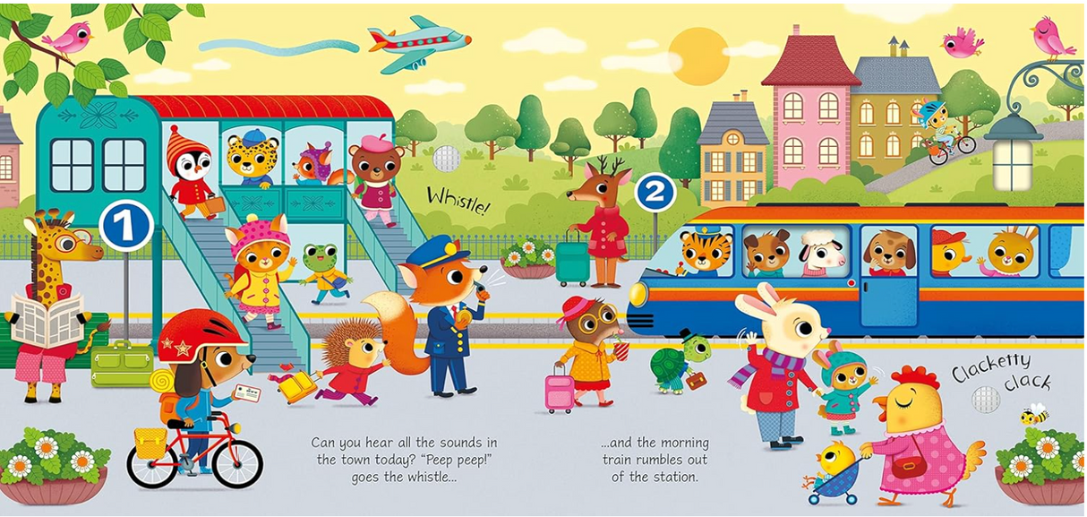 Colorful illustrated sound book page showing animals at a busy train station with vehicles and playful scenes for toddlers.