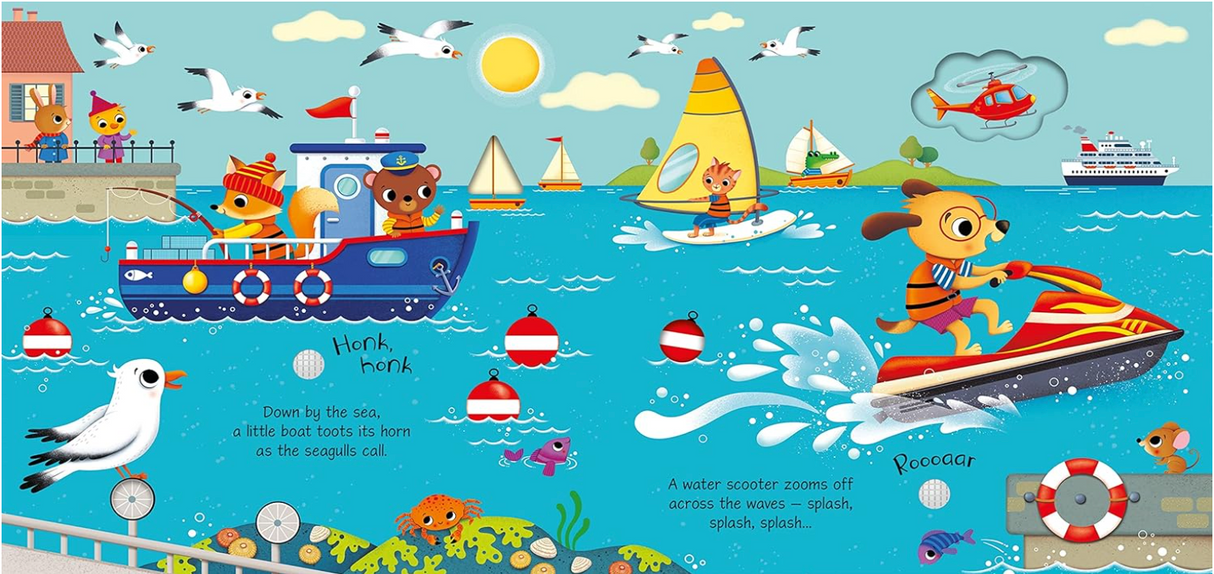 Colorful illustrated ocean scene with animal characters on boat, sailboats, seagulls, and a dog riding a water scooter