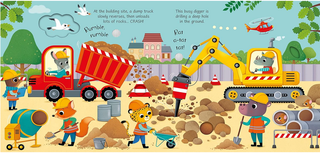 Illustrated construction site with animal characters operating trucks and digging machines in a lively children’s sound book scene.