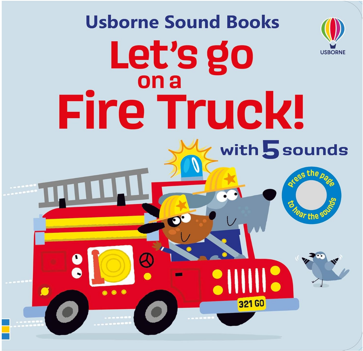 Cover of a children's sound book featuring cartoon dogs driving a red fire truck with five sound buttons to press
