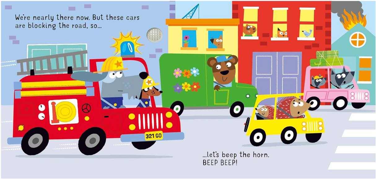 Illustration of animal firefighters in a fire truck and colorful cars in a busy city scene from a children’s sound book.