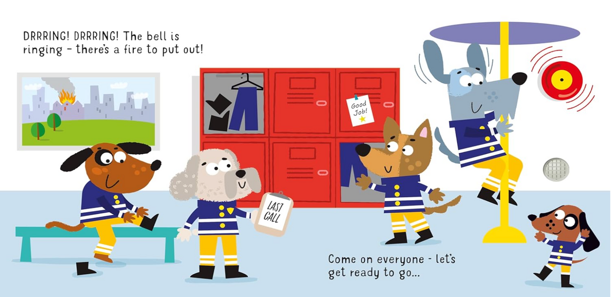 Illustration of five dogs in fire gear getting ready with lockers and alarm ringing in a lively fire station scene