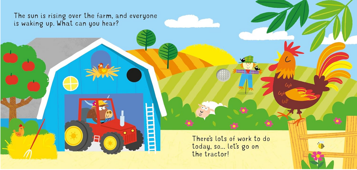 Colorful farm scene with a tractor in a barn, rooster, scarecrow, sheep, and rolling hills in the background.