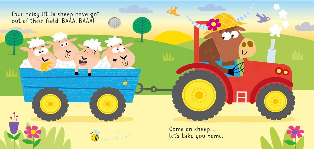 Illustration of a cheerful tractor driven by a cow pulling a trailer with four playful sheep on a sunny farm.