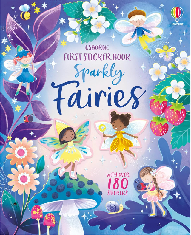 Colorful cover of a children's sticker book featuring diverse fairies, flowers, and strawberries in a magical forest setting