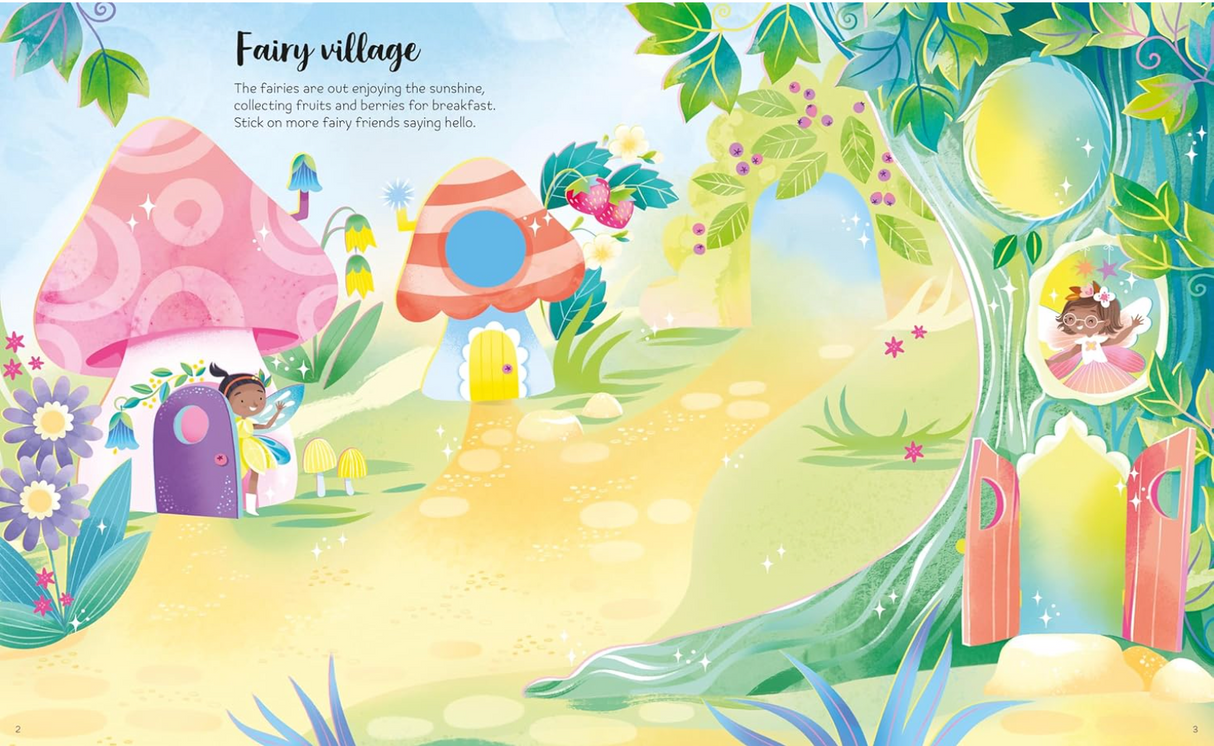 Colorful fairy village scene with mushroom houses, trees, flowers, and fairies enjoying a sunny day in a magical forest setting.