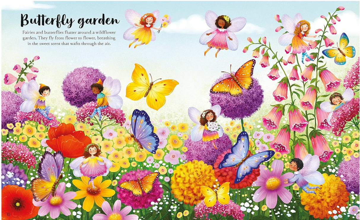 Colorful illustration of fairies flying and sitting among flowers and butterflies in a bright garden scene