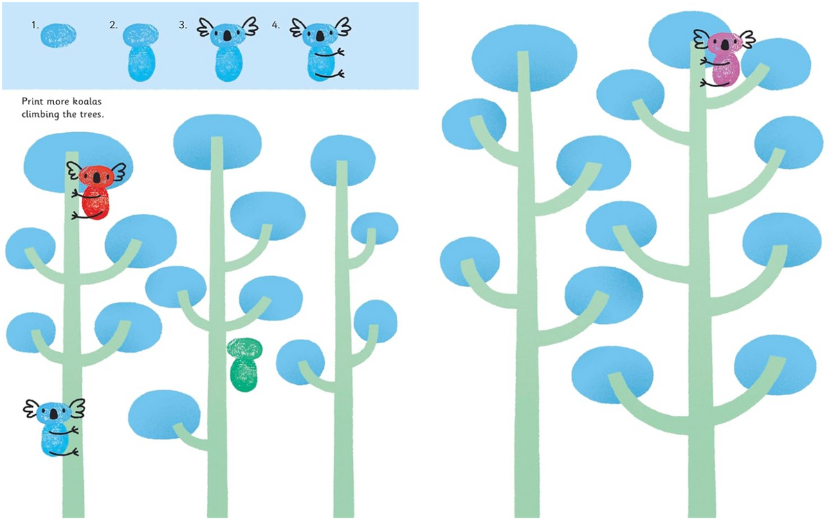 Step-by-step guide showing fingerprint koalas climbing stylized trees using colorful fingerprints on blue and green background.