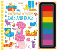 Colorful fingerprint art of cats and dogs on activity book cover with included rainbow inkpad for creative play