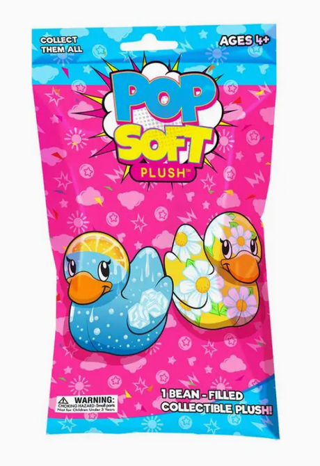 Colorful mystery bag for Pop Soft Plush Ducks featuring playful duck designs with bright prints for ages 4 and up