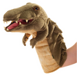 Hand puppet shaped like a friendly crocodile with a movable mouth, worn on a hand for storytelling fun.