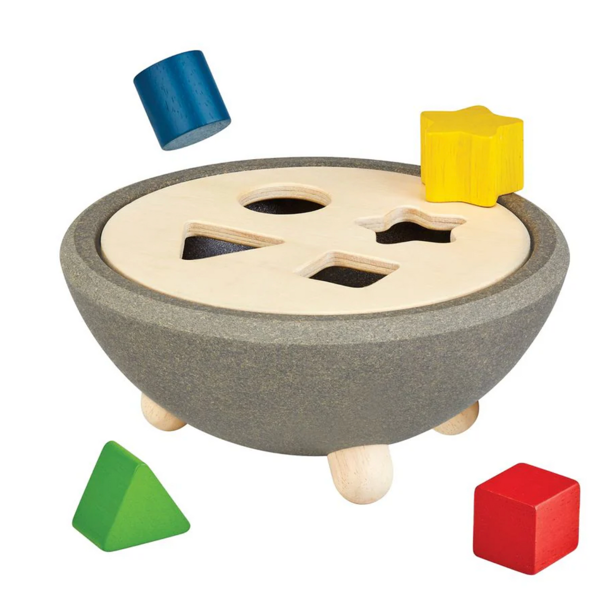 Wooden shape sorting bowl with colorful geometric puzzle pieces for preschool learning and coordination development