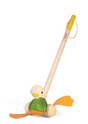 Wooden push toy duck with natural rubber feet that flip-flop and a yellow handle for toddlers age 12 months plus.